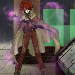 Rule 34 | 1boy, aura, belt, bio lab, brown belt, brown cape, brown capelet, brown footwear, brown gloves, brown pants, brown shirt, cape, capelet, closed mouth, commentary request, full body, gloves, holding, holding staff, laurell weinder, looking at viewer, mage (ragnarok online), male focus, micoto, pants, ragnarok online, red eyes, red hair, shirt, shirt tucked in, shoes, short hair, solo, staff, standing, stasis tank, tile floor, tiles