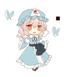 Rule 34 | 1girl, blush, bug, butterfly, chibi, hat, insect, japanese clothes, koto (shiberia39), looking at viewer, mob cap, open mouth, pink hair, saigyouji yuyuko, short hair, smile, solo, touhou, triangular headpiece, wide sleeves