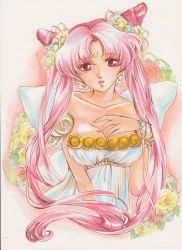 Rule 34 | 1990s (style), 1girl, bishoujo senshi sailor moon, breasts, chibi usa, cleavage, cone hair bun, crescent, crescent facial mark, double bun, dress, facial mark, flower, forehead mark, hair bun, hair flower, hair ornament, large breasts, long hair, aged up, pink hair, princess, puffy sleeves, red eyes, retro artstyle, rita151, rose, small lady serenity, solo, traditional media, twintails, yellow flower, yellow rose