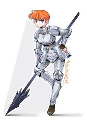 Rule 34 | 1girl, armor, artist name, blue eyes, boobplate, breastplate, brown gloves, chinese commentary, commentary request, d&#039;arce (fear &amp; hunger), dated, fear &amp; hunger, fingerless gloves, full body, gloves, hand on own hip, highres, holding, holding polearm, holding weapon, knight, looking at viewer, melonnn melon, orange hair, parted lips, polearm, short hair, sideways glance, simple background, solo, spear, standing, weapon, white background