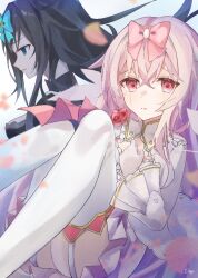 2girls arcaea bow breasts bug butterfly cleavage dress flipped_hair flower gloves hikari_(arcaea) hikari_(fatalis)_(arcaea) insect long_sleeves medium_breasts multiple_girls pink_bow pink_eyes pink_flower pink_hair pink_rose red_butterfly rose sidelocks solo tairitsu_(arcaea) tairitsu_(tempest)_(arcaea) thighhighs white_dress white_gloves white_thighhighs wide_sleeves