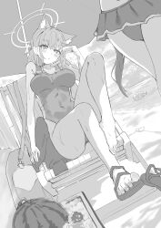 Rule 34 | 3girls, absurdres, animal ear fluff, animal ears, bare arms, bare legs, beach, beach chair, beach umbrella, blue archive, bottle, breasts, cloud, competition swimsuit, covered navel, earrings, feet, greyscale, halo, head tilt, highres, holding, holding bottle, hoshino (blue archive), hoshino (swimsuit) (blue archive), jewelry, kilabo, knee up, large breasts, legs, lineart, looking at viewer, medium hair, mismatched pupils, monochrome, multiple girls, ocean, one-piece swimsuit, sand, sandals, serika (blue archive), serika (swimsuit) (blue archive), shiroko (blue archive), shiroko (swimsuit) (blue archive), sky, solo focus, stud earrings, swimsuit, toes, umbrella, water, water bottle, wet, wolf ears, wolf girl