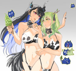 Rule 34 | 2girls, alternate costume, animal print, antlers, asymmetrical horns, bare shoulders, bikini, black hair, blue hair, breasts, ceres fauna, colored inner hair, cow print, cow print bikini, demon horns, fauna, flower, green hair, hair flower, hair ornament, height difference, hololive, hololive english, horns, jailbird (nerissa ravencroft), large breasts, long hair, mole, mole under eye, multicolored hair, multiple girls, nerissa ravencroft, print bikini, red eyes, set7, smile, swimsuit, two-tone hair, uneven horns, virtual youtuber, wide hips, yellow eyes