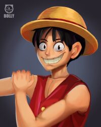 Rule 34 | 1boy, andrewbolly, artist name, bare shoulders, black eyes, black hair, facial scar, hat, highres, looking at viewer, male focus, monkey d. luffy, one piece, realistic, red shirt, scar, scar on cheek, scar on face, shirt, short hair, signature, smile, solo, straw hat, teeth, wispy bangs