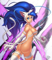 Rule 34 | &gt;:), 1girl, ahoge, animal ears, animal hands, artist name, ass, big hair, blue eyes, blue hair, breasts, cat ears, cat girl, cat paws, cat tail, claws, collarbone, cowboy shot, fang, felicia (vampire), from side, huge ahoge, hybridmink, large breasts, long hair, looking at viewer, looking to the side, no panties, parted lips, revealing clothes, signature, smile, solo, tail, thighhighs, v-shaped eyebrows, vampire (game), very long hair, white thighhighs
