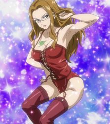 Rule 34 | 1girl, breasts, brown eyes, brown hair, cleavage, dominatrix, evergreen (fairy tail), fairy tail, female focus, glasses, highres, large breasts, latex, long hair, screencap, solo, stitched, tattoo, third-party edit