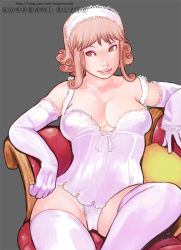 Rule 34 | 1girl, bad id, bad pixiv id, breasts, brown eyes, brown hair, cameltoe, camisole, cleavage, curly hair, eyeshadow, gloves, hairband, hip focus, kusagami style, large breasts, lingerie, lips, makeup, original, panties, pink gloves, pink thighhighs, short hair, sitting, smile, solo, thighhighs, underwear, white gloves, white panties, white thighhighs