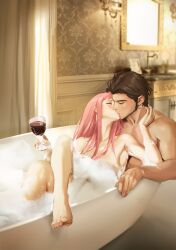 Rule 34 | 1boy, 1girl, alternate hairstyle, bath, bathtub, brown hair, bubble bath, claude von riegan, closed eyes, couple, cup, dark-skinned male, dark skin, drinking glass, earrings, facial hair, fire emblem, fire emblem: three houses, french kiss, highres, hilda valentine goneril, holding, holding cup, indoors, jewelry, kiss, mixed bathing, muscular, nintendo, nude, pink hair, red wine, spykeee, twitter username, wine glass