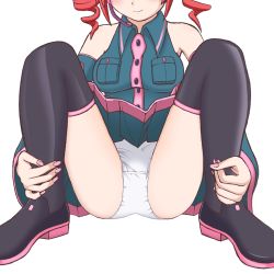Rule 34 | 1girl, blush, breasts, detached sleeves, drill hair, head out of frame, kasane teto, lowres, mario (makoto), panties, red hair, simple background, skirt, solo, spread legs, thighhighs, twin drills, twintails, underwear, upskirt, utau, vocaloid, white panties