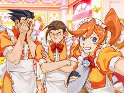 Rule 34 | 1girl, 2boys, ace attorney, annoyed, antenna hair, apollo justice, apron, artist name, athena cykes, back bow, black gloves, black hair, blue eyes, blurry, blurry background, blush, bow, bowtie, breasts, brown eyes, brown hair, center frills, closed eyes, closed mouth, collared dress, covering face, cowboy shot, crescent, crescent hair ornament, crossdressing, crossed arms, dated, dress, earrings, forehead, forked eyebrows, frilled apron, frills, full-face blush, gloves, godzillapigeon1, grin, hair ornament, hair tie, half-closed eyes, hand up, hands up, happy, high ponytail, highres, holding, holding tray, indoors, jewelry, long hair, looking to the side, maid, maid apron, maid headdress, male maid, matching hair/eyes, multiple boys, orange dress, orange hair, outstretched arm, own hands together, partially fingerless gloves, phoenix wright, phoenix wright: ace attorney - dual destinies, puffy short sleeves, puffy sleeves, red bow, red bowtie, selfie, short hair, short sleeves, side ponytail, sidelocks, signature, single earring, small breasts, smile, spiked hair, standing, sweat, swept bangs, tray, uniform, upper body, v-shaped eyebrows, waitress