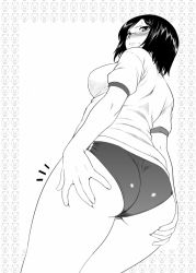 Rule 34 | 1girl, ass, ass grab, blush, breasts, buruma, dr.p, from behind, from below, glasses, grabbing own ass, greyscale, gym uniform, large breasts, looking back, monochrome, original, short hair, solo