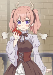 Rule 34 | 1girl, apple, blouse, blush, broiler, brown dress, brown ribbon, closed mouth, collared shirt, commentary request, corset, demon girl, demon horns, dress, drooling, eating, empty eyes, food, food on face, fruit, grey shirt, hair ribbon, hand up, highres, holding, holding food, holding fruit, horns, linie (sousou no frieren), long hair, long sleeves, looking at viewer, neck ribbon, pink hair, puff of air, purple eyes, red apple, ribbon, shirt, solo, sousou no frieren, standing, twintails, wide sleeves
