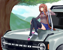 Rule 34 | 1girl, alternate hairstyle, blazer, blue skirt, brown hair, brown jacket, brown vest, car, collared shirt, commentary, commission, doki doki literature club, english commentary, eyebrows hidden by hair, ford, ford bronco, green eyes, highres, holding, holding ribbon, jacket, licking, long hair, monika (doki doki literature club), motor vehicle, mountain, neck ribbon, odakojirou, on vehicle, one eye closed, red ribbon, ribbon, school uniform, shirt, sitting, skirt, sky, solo, sports utility vehicle, thighhighs, tree, very long hair, vest, white ribbon