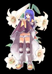 Rule 34 | 1girl, :&lt;, armored boots, black background, blue hair, blush, boots, bow, bow panties, brown capelet, brown dress, brown gloves, brown thighhighs, capelet, closed mouth, clothes lift, commentary request, dress, dress lift, egnigem cenia, embarrassed, eyes visible through hair, fingerless gloves, fingernails, floral background, flower, frilled dress, frilled panties, frills, full body, gauntlets, gloves, groin, hair between eyes, lifting own clothes, long hair, looking at viewer, panties, panty pull, pinky out, plant, pussy, pussy peek, ragnarok online, red bow, red eyes, sakakura (sariri), simple background, solo, standing, swordsman (ragnarok online), thighhighs, two-tone dress, underwear, white dress, white flower, white panties