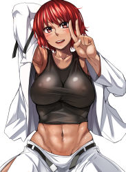 Rule 34 | 1girl, abs, arm behind head, arm up, armpits, ayakumo, belt, blush, breasts, collarbone, female focus, groin, highres, horikawa raiko, huge breasts, looking at viewer, midriff, navel, nipples, open belt, open mouth, red eyes, red hair, see-through, short hair, side slit, simple background, skirt, smile, solo, sweat, tank top, touhou, unbuckled