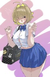 Rule 34 | 1girl, ahoge, bag, blonde hair, blue bow, blue bowtie, blue skirt, blush, bow, bowtie, breasts, button gap, collared shirt, elegg (nikke), goddess of victory: nikke, hair intakes, hair over eyes, highres, hii (motorholic), large breasts, multicolored hair, purple eyes, school bag, shirt, short hair, skirt, solo, two-tone hair, white shirt