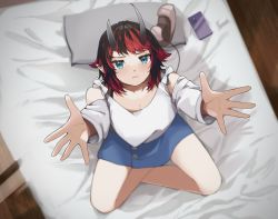 Rule 34 | 1girl, bed, black hair, blue eyes, blue skirt, blush, breasts, cleavage, closed mouth, clothing cutout, commentary, demon girl, demon horns, demon tail, ear piercing, frown, full body, highres, horns, iphone 13, large breasts, looking at viewer, multicolored hair, nanashi inc., piercing, pillow, pointy ears, reaching, reaching towards viewer, red hair, ryugasaki rene, shirt, short hair, shoulder cutout, skirt, solo, sugar lyric, tail, two-tone hair, virtual youtuber, white shirt, zono (inokura syuzo029)