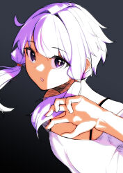 Rule 34 | 1girl, absurdres, black background, commentary request, hand up, highres, looking at viewer, nicchi, parted lips, purple eyes, purple hair, shirt, short hair with long locks, sidelighting, solo, upper body, vocaloid, voiceroid, white shirt, yuzuki yukari