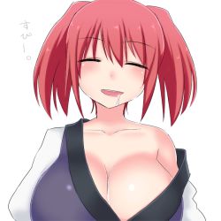 Rule 34 | 1girl, :d, = =, bad id, bad pixiv id, breasts, cleavage, closed eyes, female focus, huge breasts, large breasts, nase, onozuka komachi, open mouth, red hair, saliva, sleeping, sleepy, smile, solo, touhou, twintails