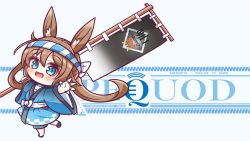Rule 34 | 1girl, absurdres, amiya (arknights), animal ears, arknights, banner, benizika, blue collar, blue dress, blue eyes, blue hairband, brown hair, chibi, collar, commission, copyright name, dress, hair between eyes, hairband, highres, holding, jewelry, long hair, looking at viewer, multiple rings, neck ring, ponytail, rabbit ears, rabbit girl, ring, second-party source, sidelocks, simple background, solo, thumb ring, very long hair, white background