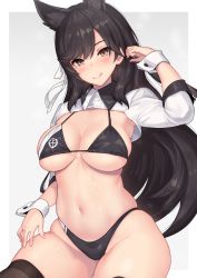 Rule 34 | 1girl, animal ears, armpits, atago (azur lane), atago (stunning speedster) (azur lane), azur lane, bikini, black bikini, black hair, black panties, border, breasts, brown eyes, closed mouth, cropped jacket, grey background, hand in own hair, hand on own thigh, hand on thigh, jacket, large breasts, long hair, looking at viewer, navel, nidy, outside border, panties, race queen, skindentation, sleeves rolled up, smile, solo, sweat, swimsuit, thighhighs, underwear, white border, white jacket, wrist cuffs