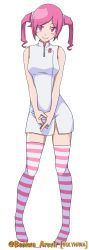 Rule 34 | 1girl, absurdres, blush, blush stickers, digimon, digimon world 3, digimon world re:digitize, highres, long hair, looking at viewer, pink hair, rindou akiho, simple background, solo, striped legwear, white background, wide hips