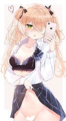 Rule 34 | 1girl, absurdres, black bra, blonde hair, blush, bra, breasts, cellphone, censored, cleavage, clothes lift, collarbone, collared shirt, eyepatch, fischl (genshin impact), genshin impact, green eyes, groin, hair ribbon, heart, heart censor, highres, holding, holding phone, iphone, long sleeves, looking at viewer, navel, no panties, open clothes, open mouth, phone, plaid, plaid skirt, ribbon, school uniform, selfie, shirt, skirt, skirt lift, small breasts, smartphone, solo, tsuyuri eri, twintails, underwear