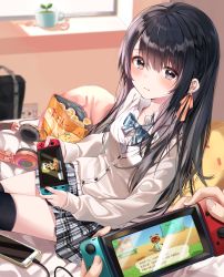Rule 34 | 1girl, absurdres, animal crossing, bag, black eyes, black hair, black thighhighs, blurry, blurry background, blush, bow, braid, breasts, buri (retty9349), cellphone, chips (food), closed mouth, collarbone, collared shirt, commentary, diagonal stripes, food, grey skirt, hair between eyes, hair ribbon, handheld game console, headphones, headphones removed, highres, holding, holding handheld game console, indoors, long hair, long sleeves, looking at viewer, miniskirt, nintendo, nintendo switch, orange ribbon, out of frame, phone, pillow, pleated skirt, pov, pov hands, ribbon, school bag, shirt, sitting, skirt, sleeves past wrists, small breasts, smartphone, solo focus, striped, thighhighs, tom nook (animal crossing), white shirt, window