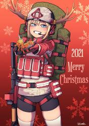 Rule 34 | 1girl, 2021, absurdres, animal ears, antlers, artist name, backpack, bag, bike shorts, blonde hair, christmas, commentary, cowboy shot, dragoncastle, english commentary, explosive, fake animal ears, food, giving, gloves, grenade, grey headwear, grin, gun, half-closed eyes, harness, headset, helmet, highres, holding, holding grenade, holstered, horns, jacket, long sleeves, looking at viewer, merry christmas, original, red background, red gloves, red jacket, reindeer antlers, short hair, signature, smile, snowflake background, solo, standing, thighhighs, weapon, white thighhighs