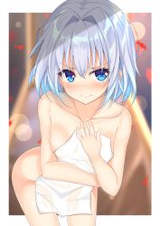 Rule 34 | 10s, 1girl, absurdres, angry, autumn leaves, blue eyes, blush, commentary request, covering privates, cowboy shot, hair intakes, highres, looking at viewer, mottsun (i 40y), naked towel, nude cover, onsen, ryuuou no oshigoto!, short hair, silver hair, solo, sora ginko, towel, white towel
