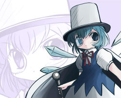 Rule 34 | 1girl, blue eyes, blue hair, cape, cirno, hat, looking at viewer, matching hair/eyes, monocle, solo, top hat, touhou, yume shokunin, zoom layer