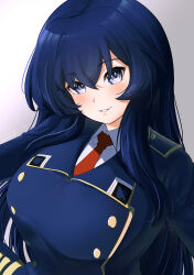 Rule 34 | 1girl, blue eyes, blue hair, blue jacket, blush, buttons, commentary, double-breasted, dress shirt, eclair (girls und panzer), girls und panzer, highres, jacket, long hair, long sleeves, looking at viewer, maginot military uniform, military uniform, necktie, red necktie, shirt, smile, solo, trollzamahd, uniform, upper body, white shirt, wing collar