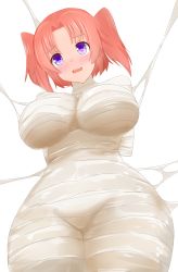 Rule 34 | 1girl, arms behind back, bad id, bad pixiv id, bdsm, blush, bondage, bound, breasts, cocoon, curvy, d:, hifumiyo, large breasts, legs together, looking at viewer, mikakunin de shinkoukei, mummification, open mouth, parted bangs, pink hair, purple eyes, restrained, short hair, silk, simple background, skin tight, solo, spider web, standing, thick thighs, thighs, two side up, web, web bondage, white background, wide hips, wrapped up, yonomori kobeni