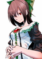 Rule 34 | 1girl, adapted costume, bow, breasts, brown hair, hair bow, long hair, looking at viewer, no wings, own hands together, red eyes, reiuji utsuho, shirt, simple background, small breasts, smile, solo, taut clothes, taut shirt, tenamaru, third eye, touhou, upper body, white background