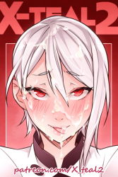 Rule 34 | 10s, 1girl, artist name, blush, cum, cum in mouth, cum on hair, cum on tongue, facial, licking lips, lips, looking at viewer, nakiri alice, naughty face, patreon username, portrait, red background, red eyes, shokugeki no souma, short hair, silver hair, smile, solo, tongue, tongue out, watermark, web address, x-t3al