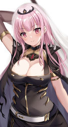 Rule 34 | 1girl, armlet, arms up, belt, black dress, blush, breasts, choker, cleavage, cleavage cutout, closed mouth, clothing cutout, detached sleeves, dress, harimoji, highres, holding, holding weapon, hololive, hololive english, large breasts, long hair, looking at viewer, mori calliope, pink eyes, pink hair, scythe, shoulder spikes, simple background, single detached sleeve, smile, solo, spikes, tiara, upper body, veil, virtual youtuber, weapon, white background