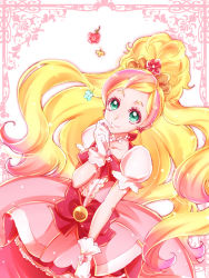 Rule 34 | 1girl, blonde hair, bow, closed mouth, collarbone, cowboy shot, cure flora, dress, earrings, floating hair, go! princess precure, green eyes, haruno haruka, highres, jewelry, layered dress, long hair, multicolored hair, parted bangs, pink dress, pink hair, precure, red bow, shipu (gassyumaron), short dress, short sleeves, smile, solo, standing, streaked hair, very long hair