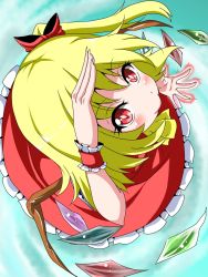 Rule 34 | 1girl, :&gt;, aura, blonde hair, bow, crystal, dress, flandre scarlet, from above, hair bow, hair ribbon, hand on forehead, highres, looking up, naodx, outstretched hand, red dress, red eyes, ribbon, short hair, side ponytail, slit pupils, solo, touhou, wings, wrist cuffs
