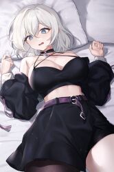 Rule 34 | 1girl, @ @, absurdres, armpit crease, artist request, bare shoulders, bed sheet, belt, black choker, black jacket, black shirt, black skirt, blue eyes, breasts, brown pantyhose, choker, cleavage, commission, crop top, cropped jacket, halterneck, hands up, high-waist skirt, highres, jacket, large breasts, lipstick mark, long sleeves, looking at viewer, lying, midriff, multiple straps, off shoulder, on back, on bed, open mouth, original, pantyhose, pillow, second-party source, shirt, short hair, single leg pantyhose, skirt, sleeveless, sleeveless shirt, solo, spaghetti strap, strap gap, wavy mouth, white hair