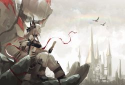 Rule 34 | 1girl, absurdres, arknights, bird, black gloves, black horns, black tank top, breasts, building, city, closed mouth, cloud, cloudy sky, commentary request, crop top, ear piercing, full body, gloves, golem, grey sky, hammer, highres, holding, holding paper, horns, infection monitor (arknights), jumpsuit, kensei (v2), large breasts, letter, long hair, looking away, material growth, mudrock (arknights), mudrock (elite ii) (arknights), mudrock colossus (arknights), open jumpsuit, oripathy lesion (arknights), outdoors, paper, piercing, pointy ears, profile, rainbow, red ribbon, ribbon, sitting, sky, solo, tank top, white hair, white jumpsuit