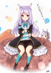 Rule 34 | 2girls, animal ears, black footwear, black jacket, black skirt, blue bow, blue socks, blush, boots, bow, closed mouth, cross-laced footwear, cup, ear bow, frilled jacket, frills, gold ship (umamusume), grey background, grey hair, holding, holding cup, holding saucer, horse ears, jacket, lace-up boots, long hair, long sleeves, looking at viewer, mejiro mcqueen (umamusume), multiple girls, parted bangs, pleated skirt, purple eyes, purple hair, saucer, simple background, sitting, skirt, smile, socks, solo focus, sou (soutennkouchi), teacup, translation request, umamusume, very long hair