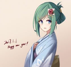 Rule 34 | 1girl, arnold-s, blue eyes, blush, dated, flower, green hair, hair flower, hair ornament, hair up, hairclip, happy new year, highres, japanese clothes, kimono, looking at viewer, nengajou, new year, original, parted lips, smile, solo, upper body