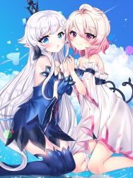 Rule 34 | 2girls, ahoge, bare legs, bare shoulders, black bow, blue background, blue dress, blue eyes, blue sleeves, blue thighhighs, bow, bowtie, brooch, child (elsword), cloud, cropped legs, crown, day, demon power (elsword), detached sleeves, dress, elsword, highres, jewelry, kneeling, laby (elsword), long hair, looking at viewer, luciela r. sourcream, mini crown, multiple girls, pink eyes, pink hair, short hair, sky, smile, symmetry, tail, thighhighs, white bow, white dress, white hair, white sleeves, xes (xes 5377), zettai ryouiki