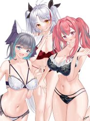Rule 34 | 3girls, alternate costume, animal ears, azur lane, bare legs, bra, breasts, bremerton (azur lane), cat ears, cheshire (azur lane), cleavage, cover, cowboy shot, finger to mouth, highres, lingerie, looking at viewer, megumi kei, multiple girls, panties, prinz eugen (azur lane), ranguage, signature, simple background, tongue, tongue out, underwear, underwear only, white background