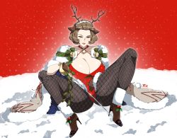 Rule 34 | 1girl, animal costume, animal ears, ankle boots, antlers, artist logo, ass, beckoning, bell, boots, breasts, brown cape, brown eyes, brown footwear, brown gloves, brown hair, cape, choker, christmas, christmas ornaments, cleavage, deer ears, eyeshadow, fake animal ears, fake antlers, female focus, fire emblem, fire emblem: three houses, fire emblem heroes, fishnet pantyhose, fishnets, fur-trimmed boots, fur-trimmed cape, fur-trimmed leotard, fur trim, gloves, hair slicked back, high heel boots, high heels, highres, holding, holding sword, holding weapon, horns, huge breasts, leotard, lipstick, looking at viewer, makeup, manuela casagranda, matching hair/eyes, mature female, mole, mole under eye, naughty face, neck bell, nintendo, official alternate costume, open mouth, orange eyeshadow, orange lips, pantyhose, parted lips, presenting, r3dfive, red leotard, reindeer antlers, reindeer costume, seductive smile, short hair, smile, solo, spread legs, sword, weapon