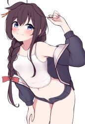 Rule 34 | 1girl, absurdres, adapted costume, ahoge, black hair, black jacket, black shorts, blue eyes, braid, camisole, casual, collarbone, cowboy shot, hair flaps, hair over shoulder, highres, jacket, kantai collection, leaning forward, long hair, shigure (kancolle), shigure kai san (kancolle), short shorts, shorts, simple background, single braid, smile, solo, tiemu (man190), white background, white camisole