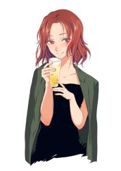 Rule 34 | 10s, 1girl, alcohol, alternate eye color, azumi (girls und panzer), beer, black dress, brown eyes, brown hair, closed mouth, coat, commentary, cropped torso, cup, dress, girls und panzer, glass, grey coat, highres, holding, holding cup, jacket, jacket on shoulders, kani aruki (bucket crawl), looking at viewer, parted bangs, short hair, simple background, smile, solo, upper body, white background