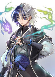 Rule 34 | 1boy, armor, black coat, black gloves, blue eyes, blue hair, blue nails, coat, commentary request, cowboy shot, earrings, eyes visible through hair, fingerless gloves, gloves, grey eyes, grey hair, hair between eyes, japanese armor, jewelry, kote, looking at viewer, male focus, medium hair, misuguu, multicolored hair, nail polish, open mouth, ragnarok online, solo, soul reaper (ragnarok online), two-tone hair