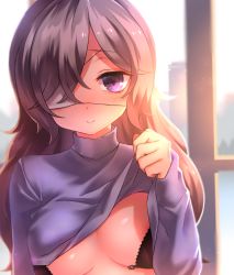 Rule 34 | 1girl, blush, bra, breasts, brown hair, building, clothes lift, commentary request, eyepatch, highres, large breasts, lifting own clothes, long hair, looking at viewer, medical eyepatch, neit ni sei, nochise karin, one eye covered, open bra, original, purple eyes, shirt lift, skyscraper, smile, solo, sunlight, underwear, upper body, window