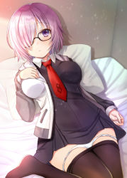 Rule 34 | 1girl, bedroom, black dress, blanket, blush, closed mouth, clothes pull, dress, fate/grand order, fate (series), hair over one eye, hand on own chest, hood, hoodie, indoors, light purple hair, looking at viewer, lying, mash kyrielight, necktie, on back, on bed, open clothes, open hoodie, panties, panty pull, pantyhose, pantyhose pull, pillow, purple eyes, purple hair, red necktie, seiru (prairie), short dress, short hair, solo, underwear